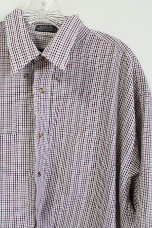 Van Heusen Maroon Navy Tan Plaid Short Sleeved Button Down Shirt | XL