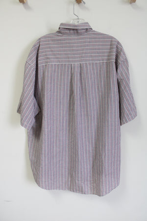 Van Heusen Maroon Navy Tan Plaid Short Sleeved Button Down Shirt | XL