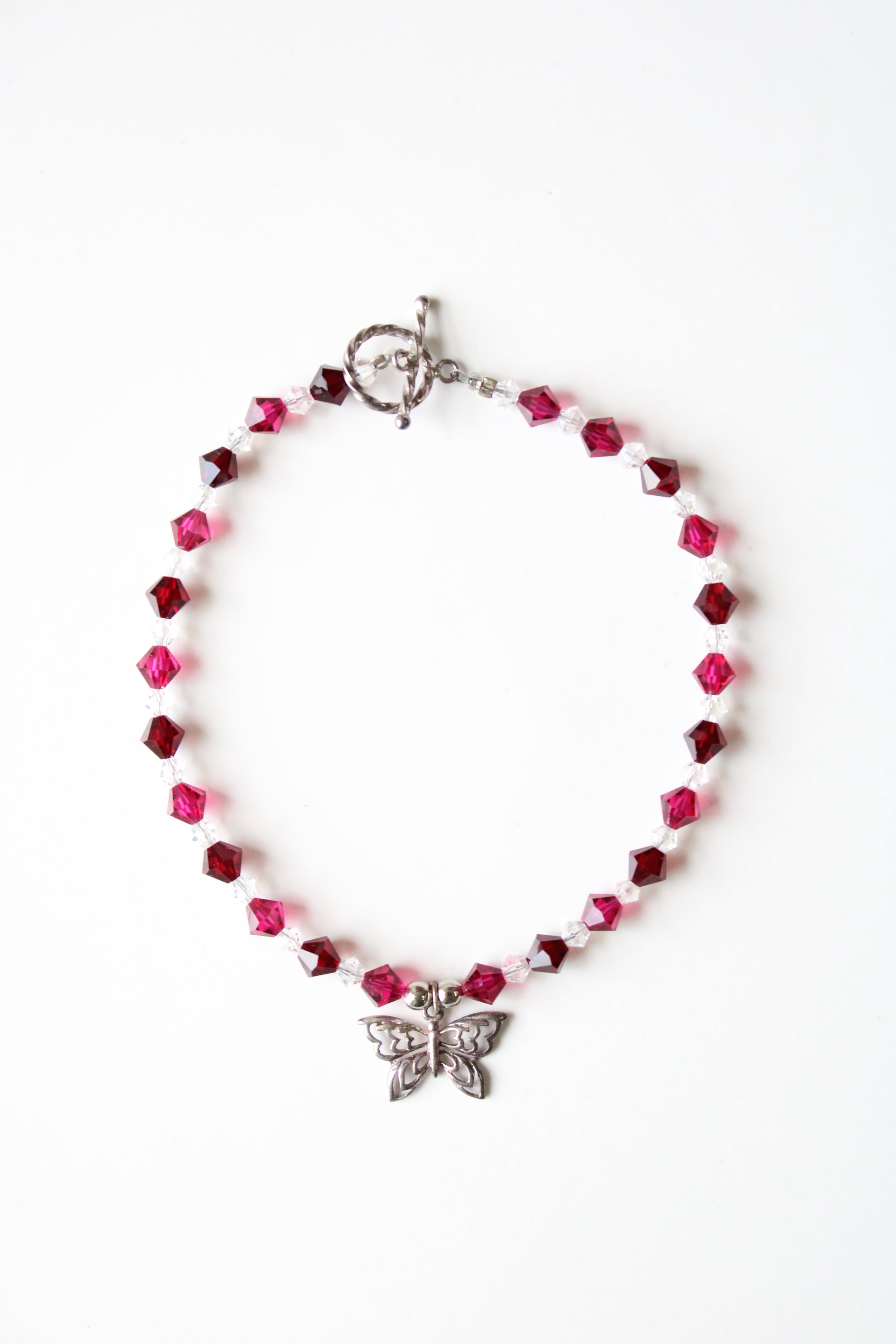 Dark Pink & Red Glass Stone Beaded Butterfly Toggle Anklet
