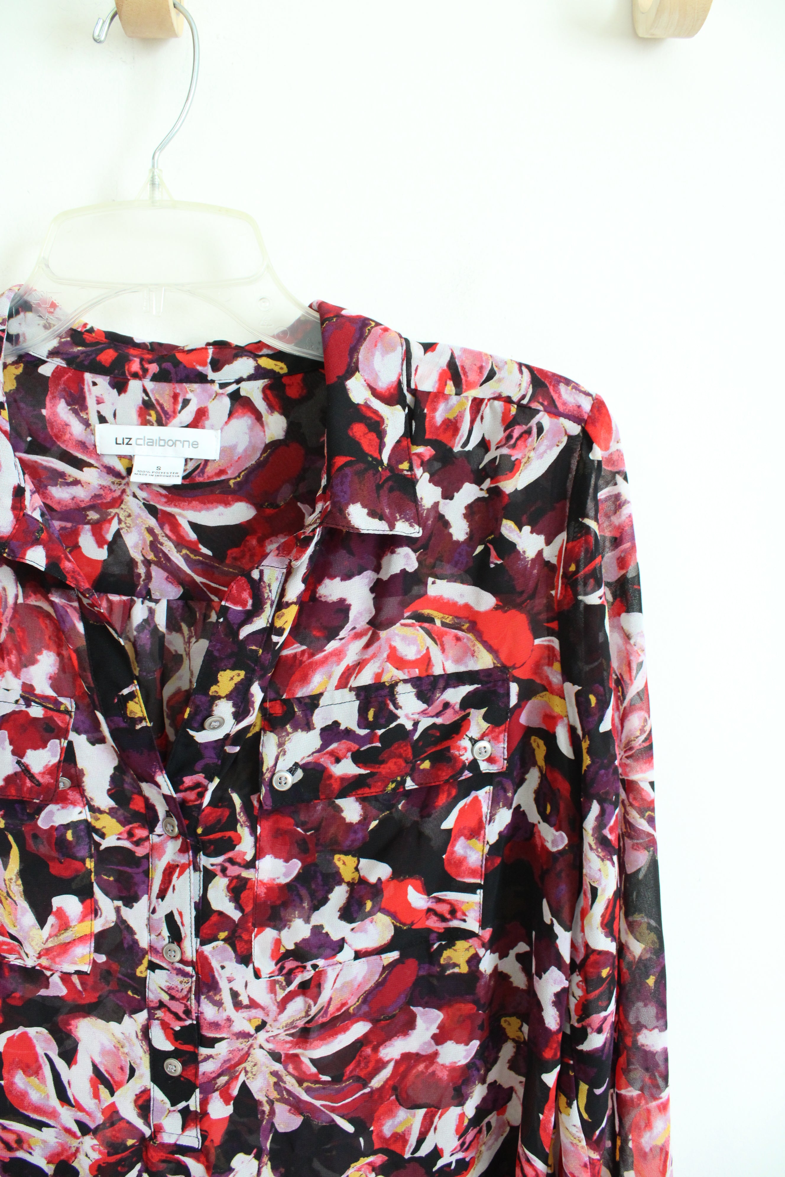 Liz Claiborne Red Purple Floral Collared Top | S