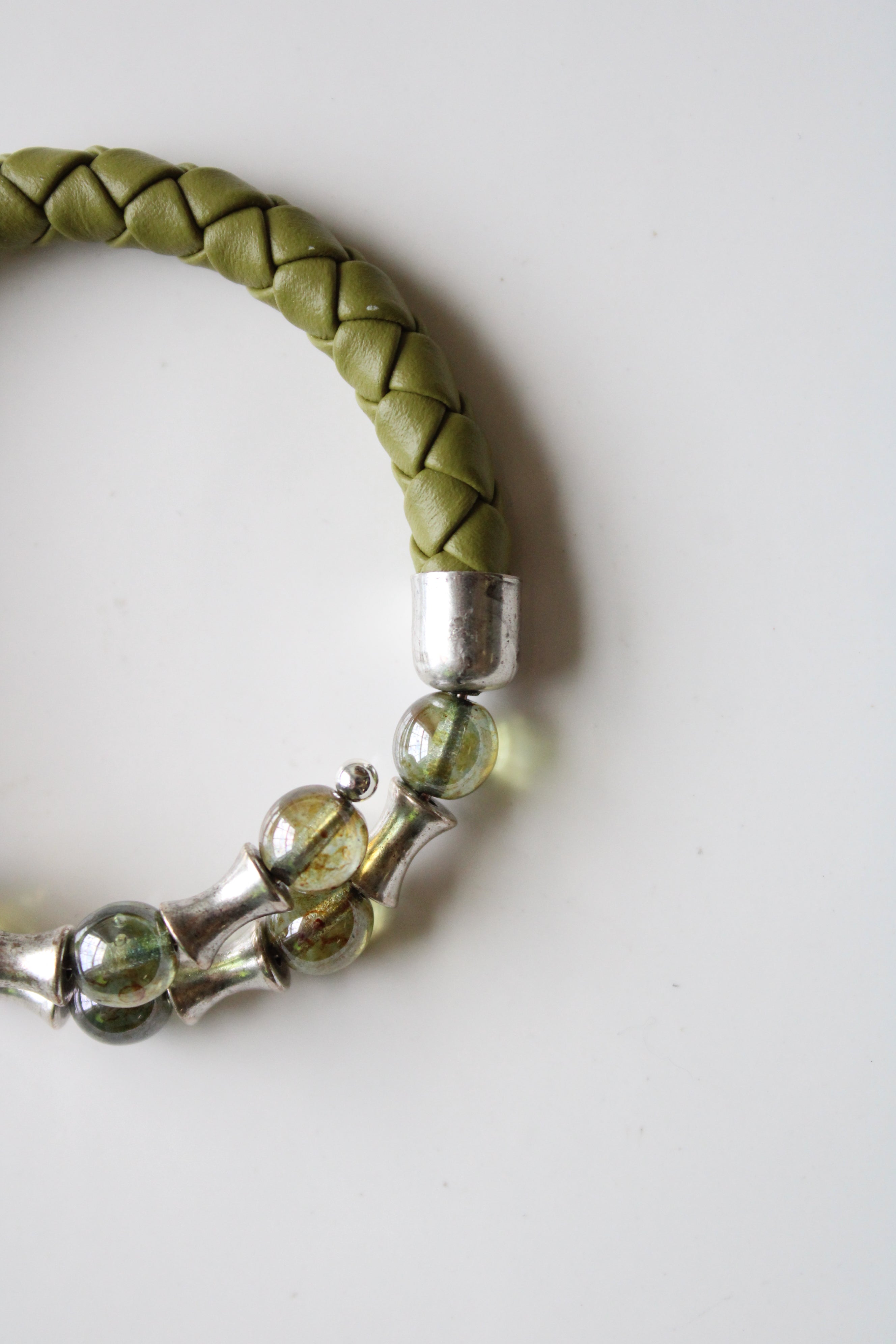 Alex & Ani Vintage Sixty-Six Green Leather Band Bamboo Beaded Cuff Bracelet