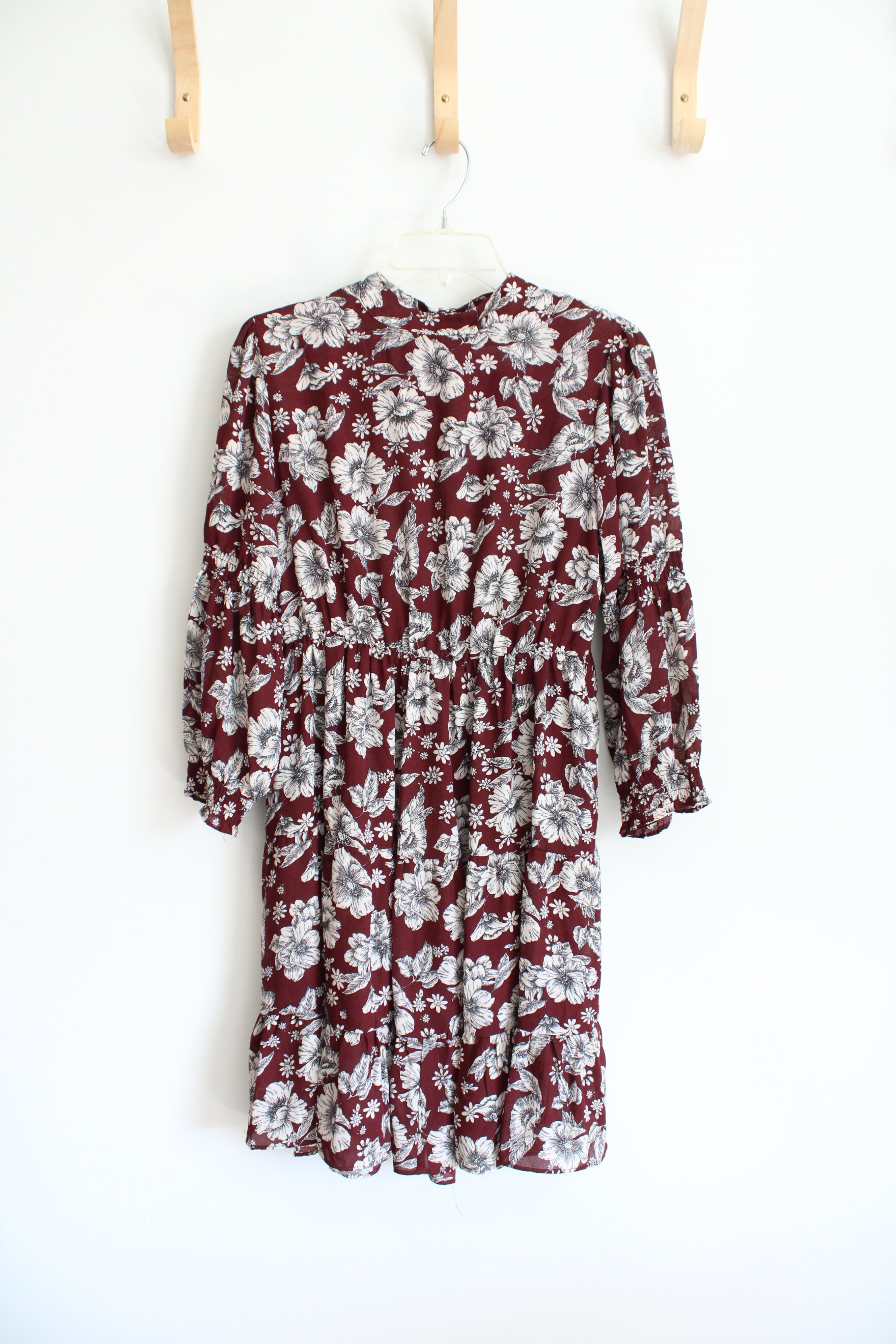 Emma & Michele Maroon Floral Long Sleeved Dress | S