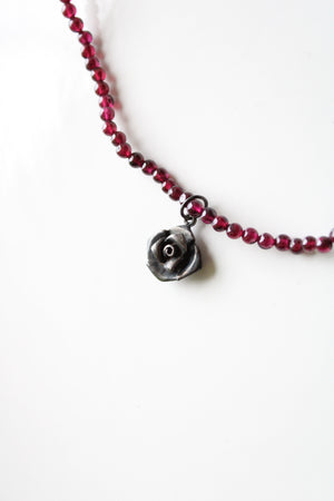 Garnet Beaded Rose Pendant Sterling Silver Choker Necklace