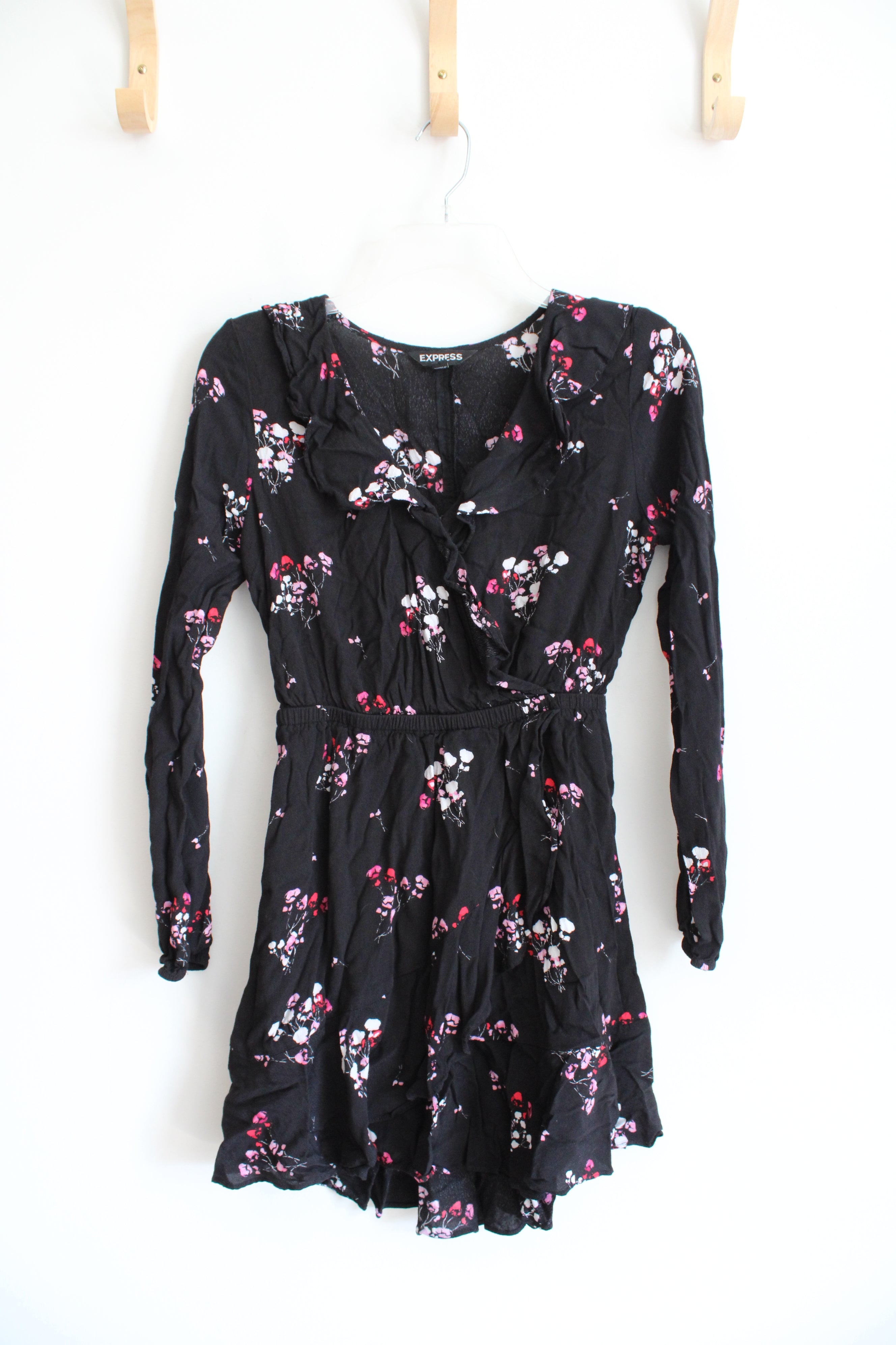 Express Pink Floral Black Long Sleeved Wrap Dress | S