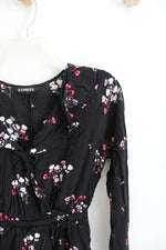 Express Pink Floral Black Long Sleeved Wrap Dress | S