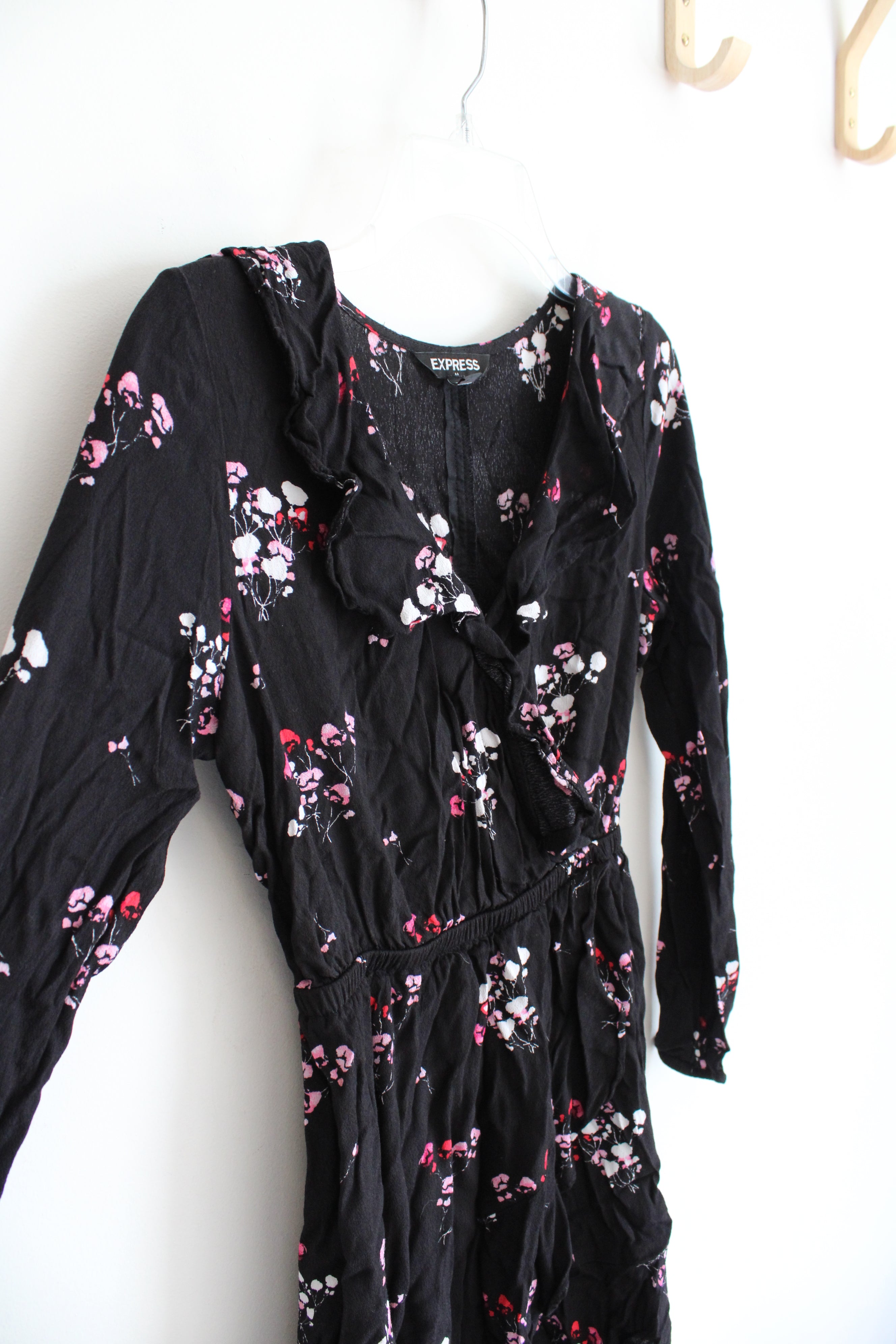 Express Pink Floral Black Long Sleeved Wrap Dress | S