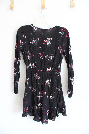 Express Pink Floral Black Long Sleeved Wrap Dress | S