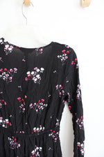 Express Pink Floral Black Long Sleeved Wrap Dress | S