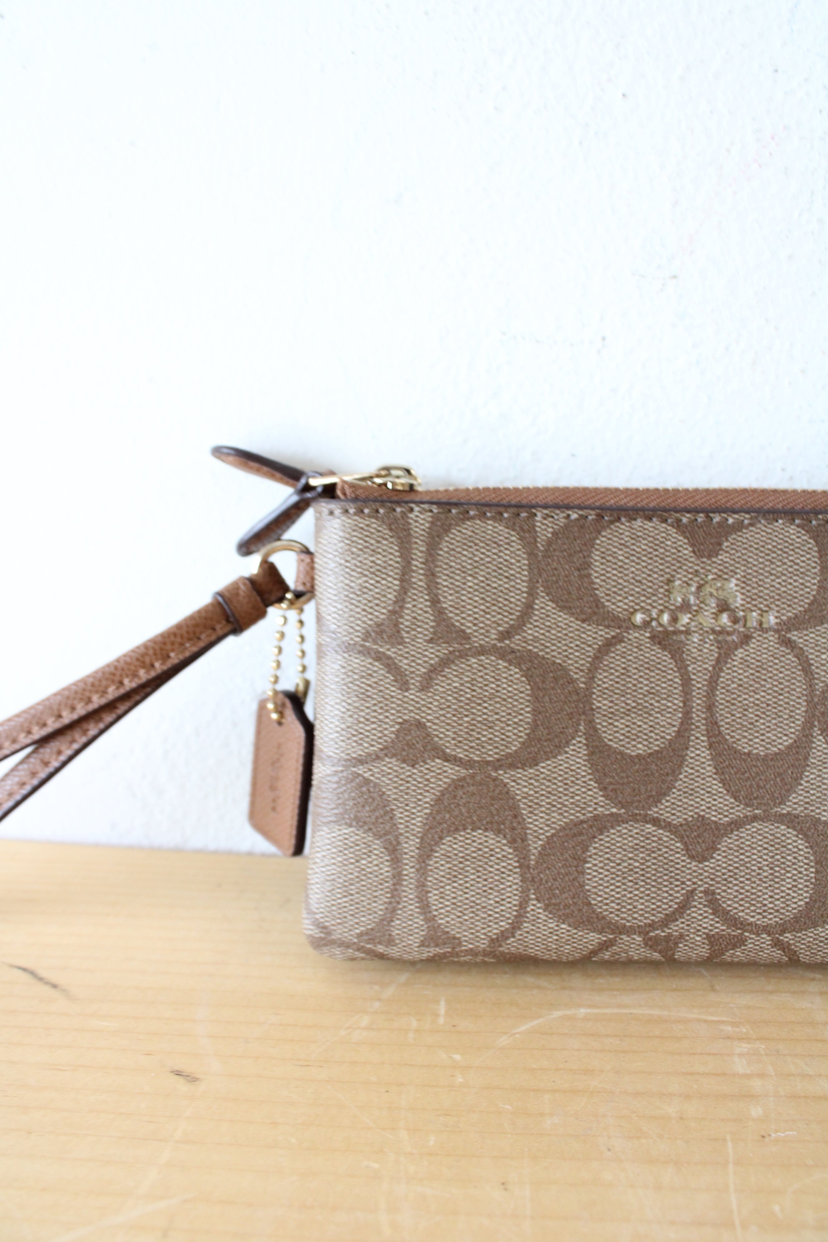 Coach Brown Double Zipper Signature Canvas Wristlet