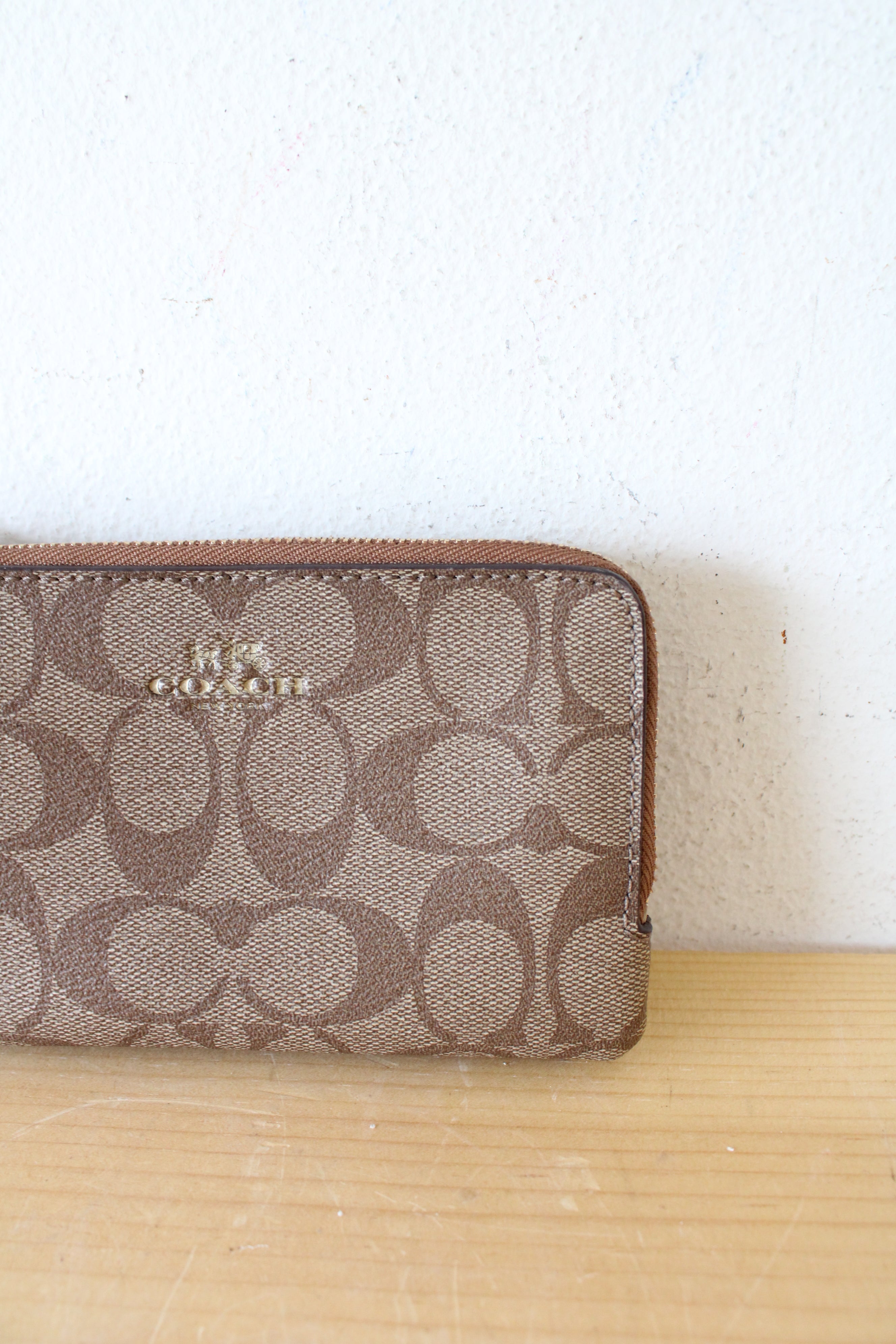 Coach Brown Double Zipper Signature Canvas Wristlet