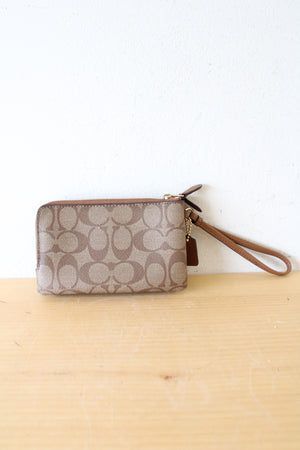 Coach Brown Double Zipper Signature Canvas Wristlet