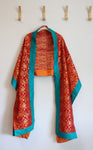 Red & Gold Floral Blue Edged Shawl