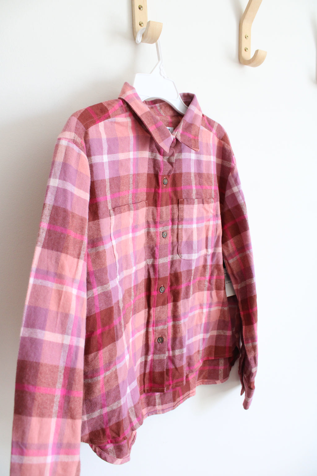 NEW Old Navy Pink & Peach Plaid Button Down Shirt | Youth XL (14/16)