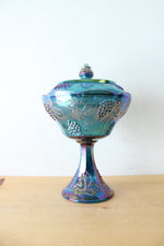 Vintage Indiana Glass Harvest Grape Blue Iridescent Carnival Glass Compote Dish