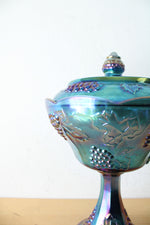 Vintage Indiana Glass Harvest Grape Blue Iridescent Carnival Glass Compote Dish