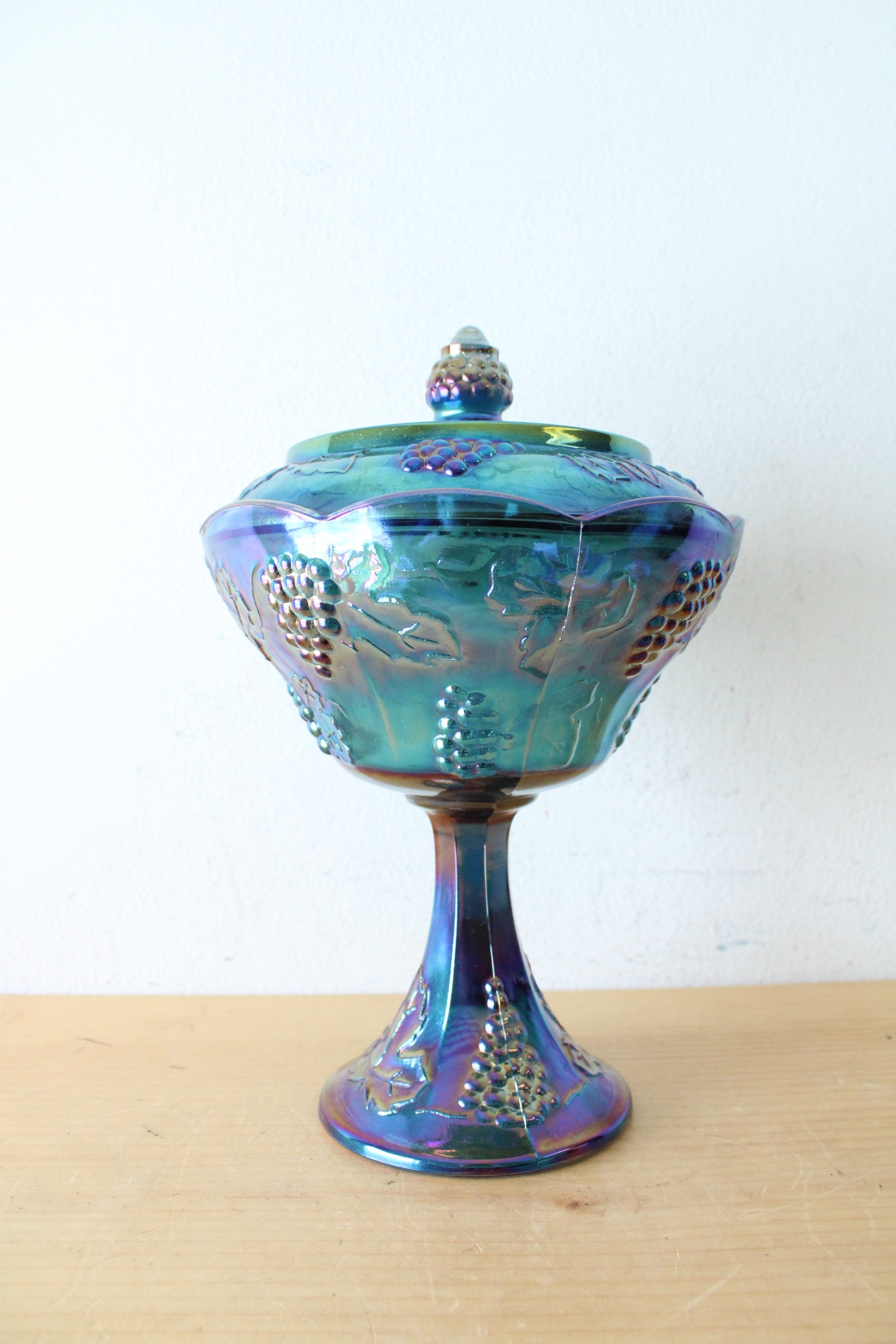 Vintage Indiana Glass Harvest Grape Blue Iridescent Carnival Glass Compote Dish