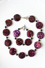 Donna Dressler Purple Glass Leopard Print Beaded Sterling Silver Necklace & Bracelet Set