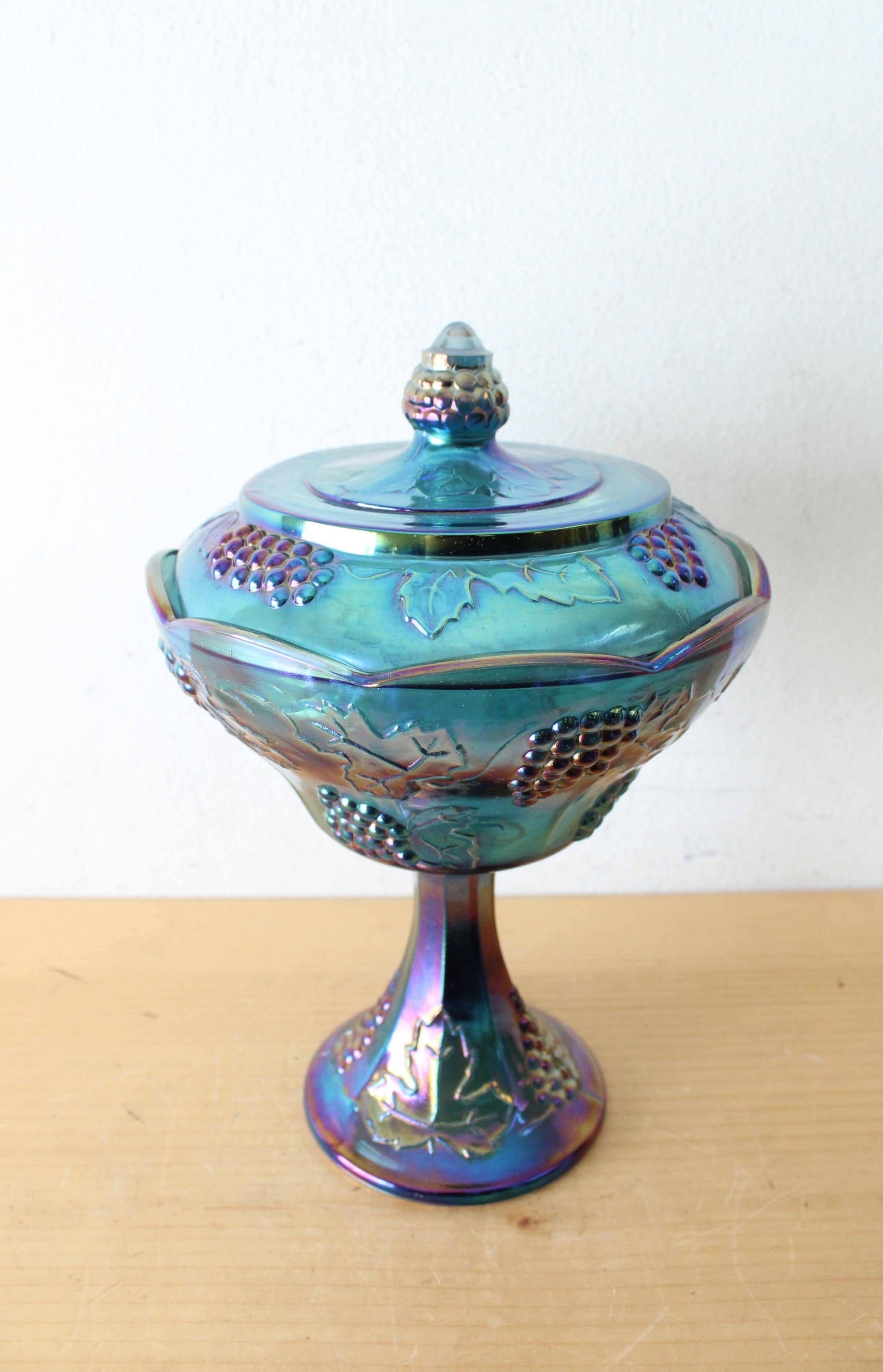 Vintage Indiana Glass Harvest Grape Blue Iridescent Carnival Glass Compote Dish