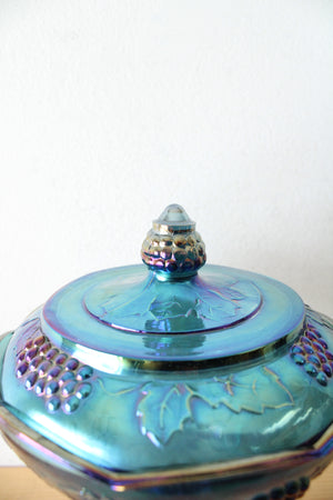 Vintage Indiana Glass Harvest Grape Blue Iridescent Carnival Glass Compote Dish