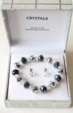 NEW Crystale Swarovski Crystal Black Silver & Clear Beaded Stretch Bracelet & Stud Earrings