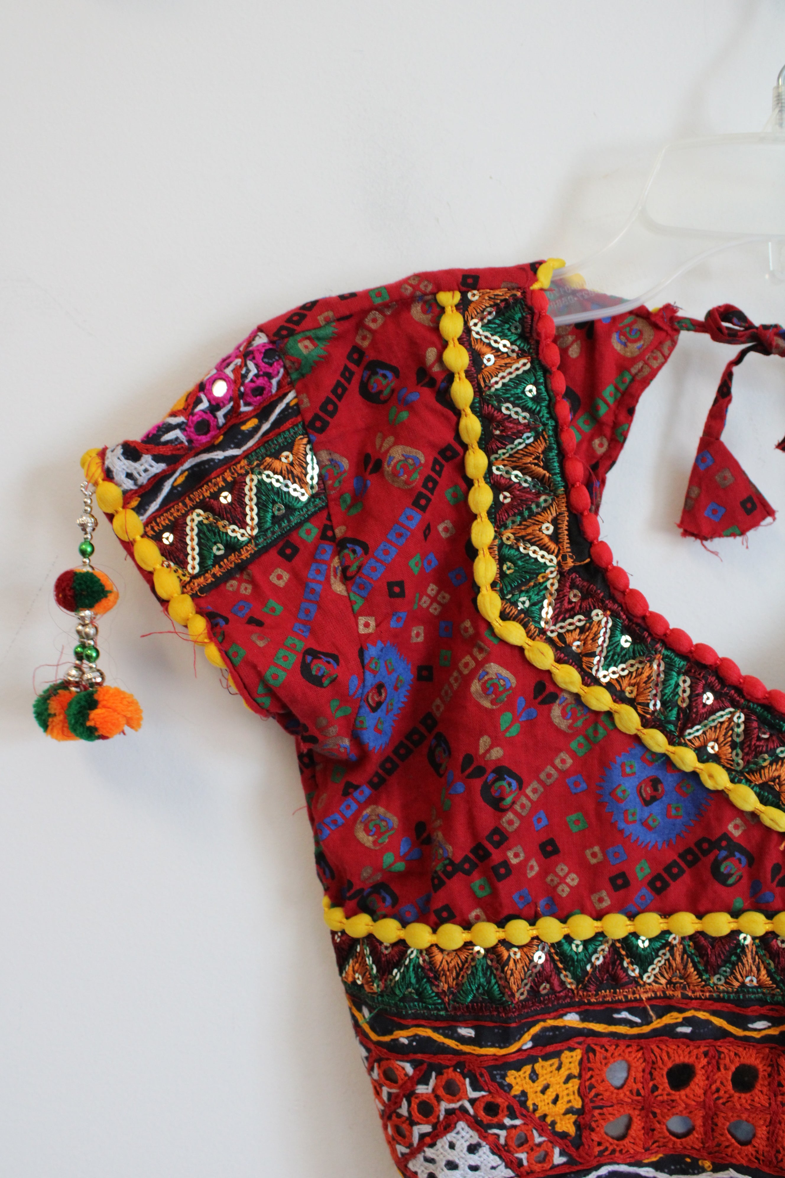 Red Patterned Sequined Beaded Tassels Cropped Top