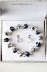 NEW Crystale Swarovski Crystal Black Silver & Clear Beaded Stretch Bracelet & Stud Earrings