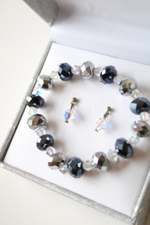 NEW Crystale Swarovski Crystal Black Silver & Clear Beaded Stretch Bracelet & Stud Earrings