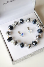 NEW Crystale Swarovski Crystal Black Silver & Clear Beaded Stretch Bracelet & Stud Earrings