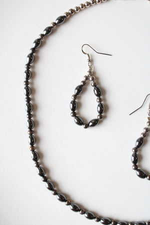 Black & Silver Metal Beaded Necklace & Earring Set