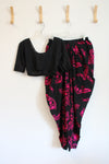 Black & Pink Patterned Harem Pants & Eyelet Sleeve Cropped Black Top Set