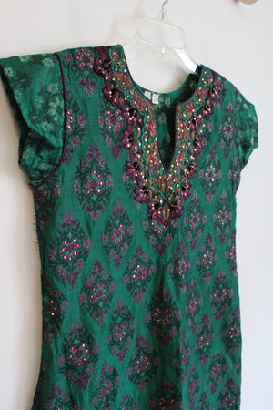 Pink & Purple Sequin Patterned Green Tunic Top