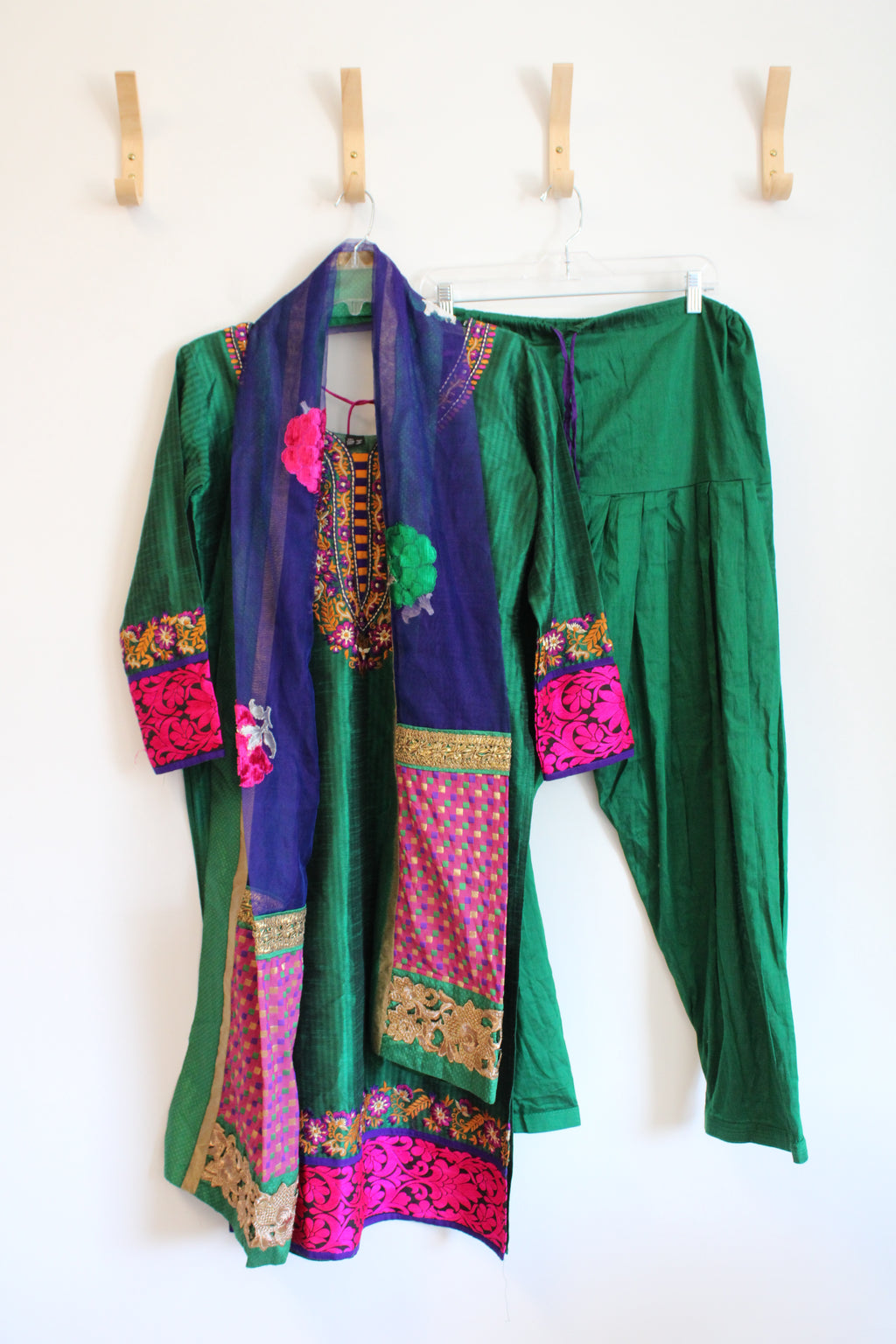 Green Gold Embroidered Tunic Dress & Pants Set