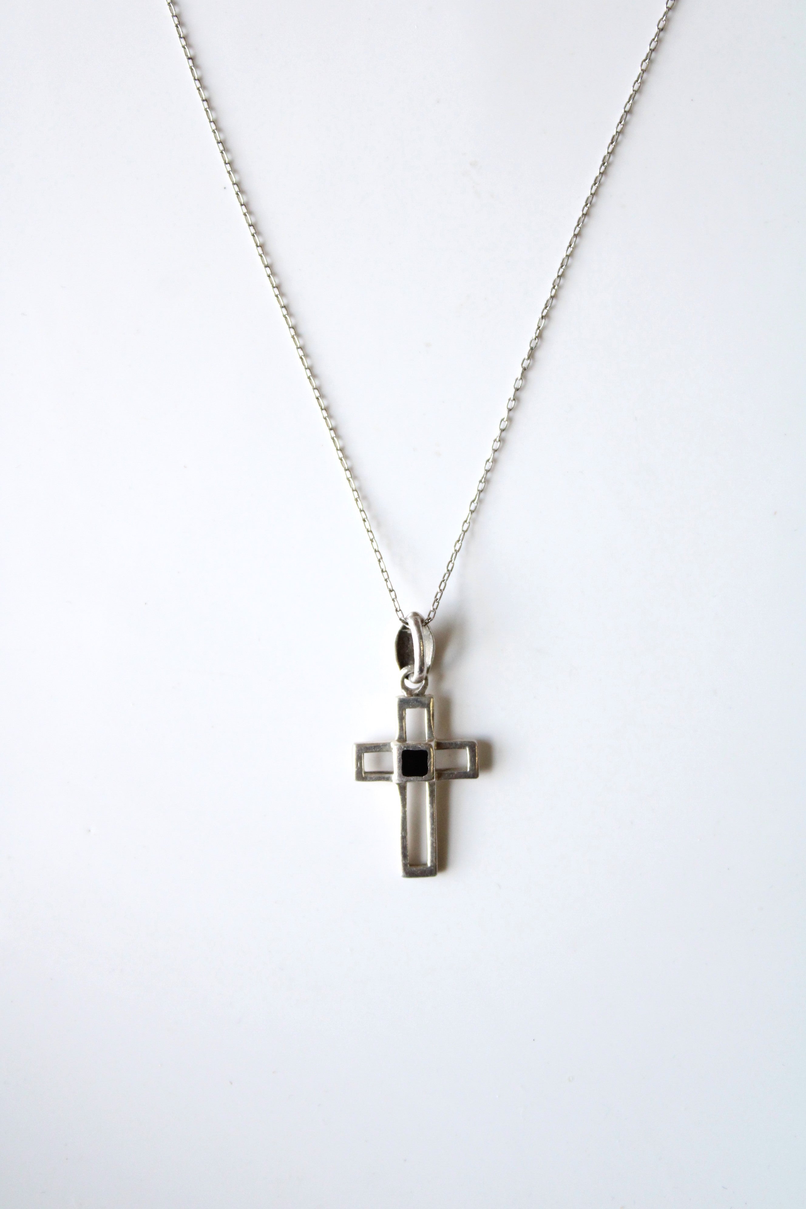 Black Onyx Sterling Silver Hollow Cross Pendant Necklace