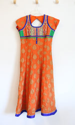 Gold Leaf Patterned Blue & Green Edged Orange Dress