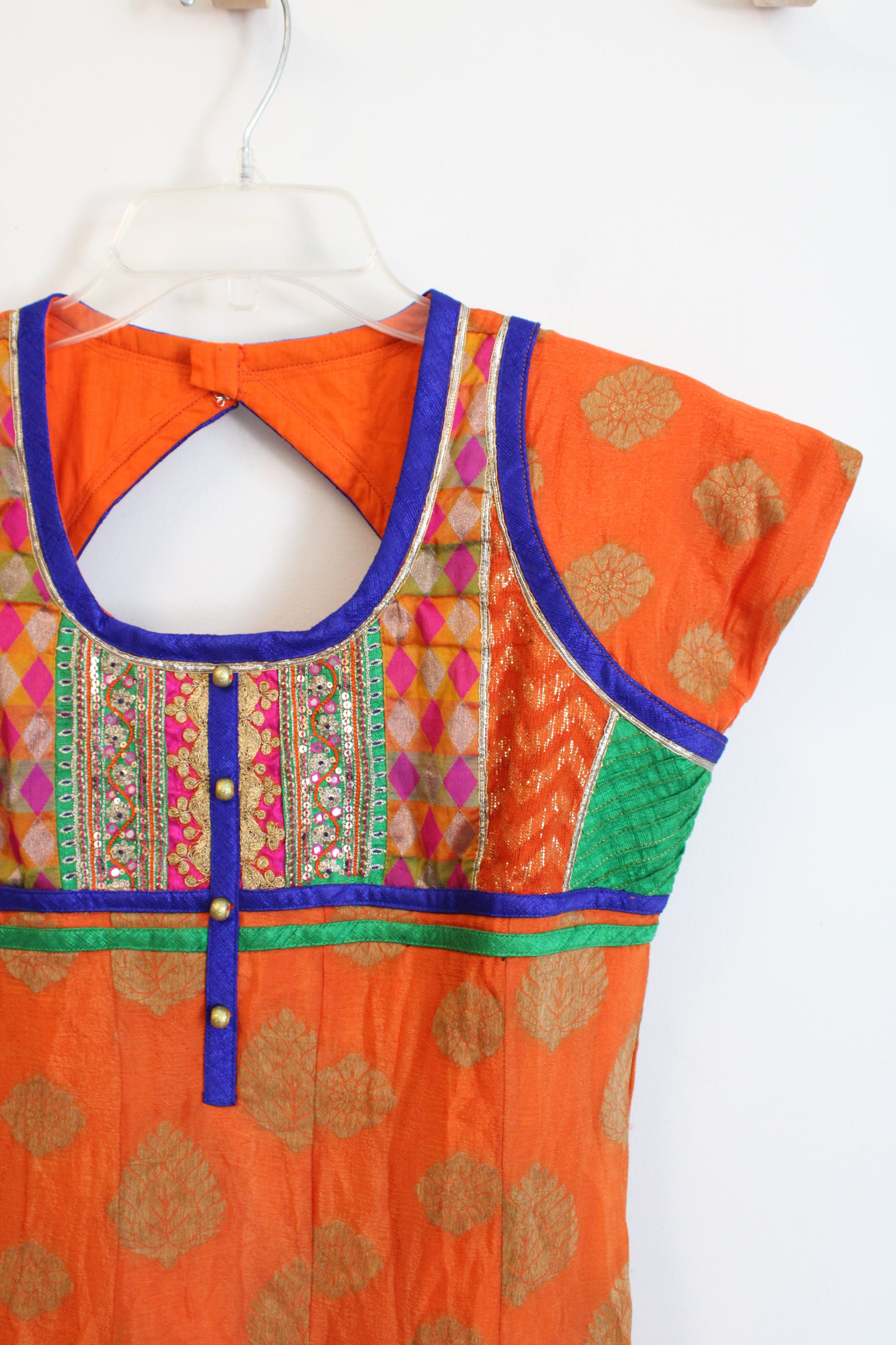 Gold Leaf Patterned Blue & Green Edged Orange Dress