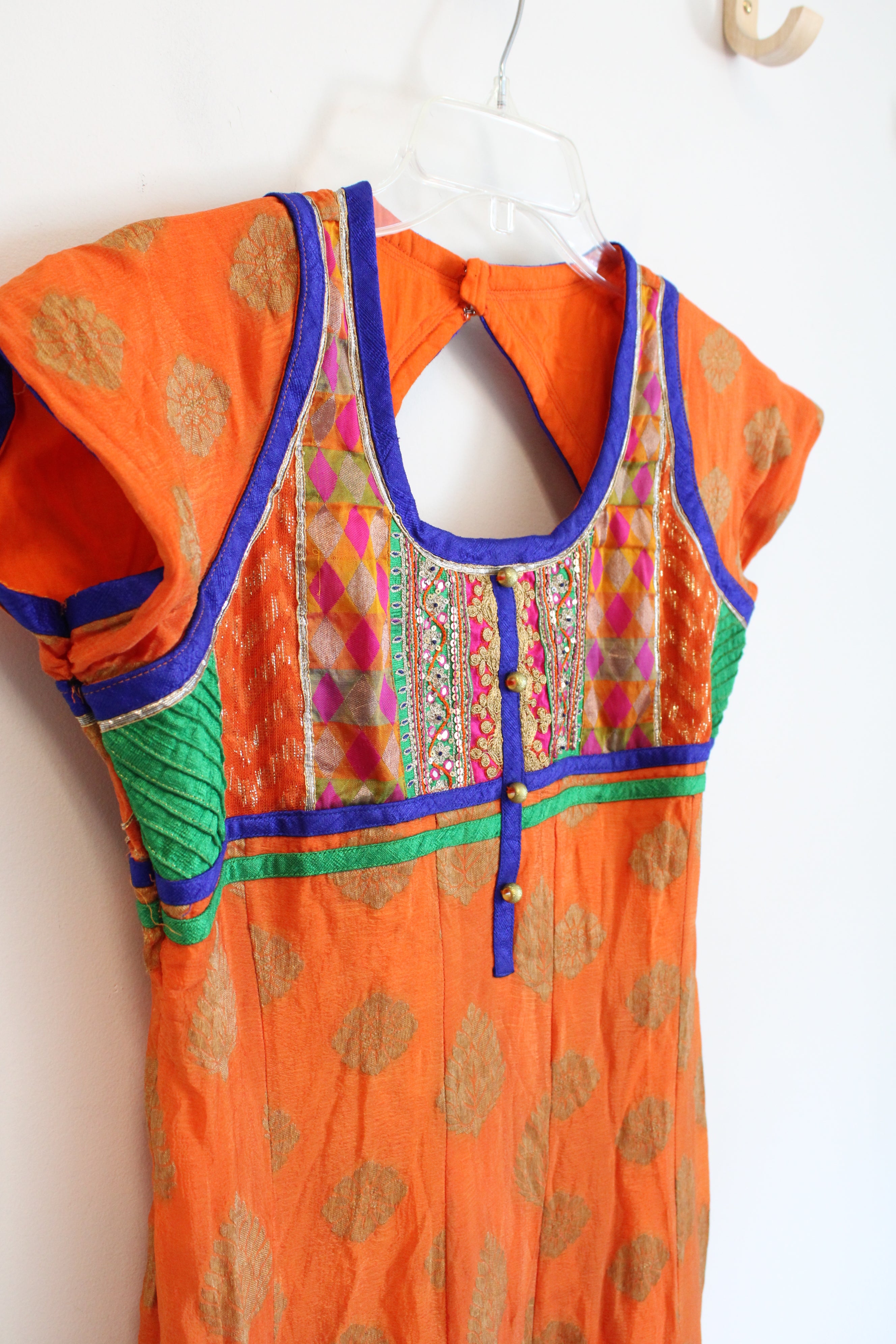 Gold Leaf Patterned Blue & Green Edged Orange Dress