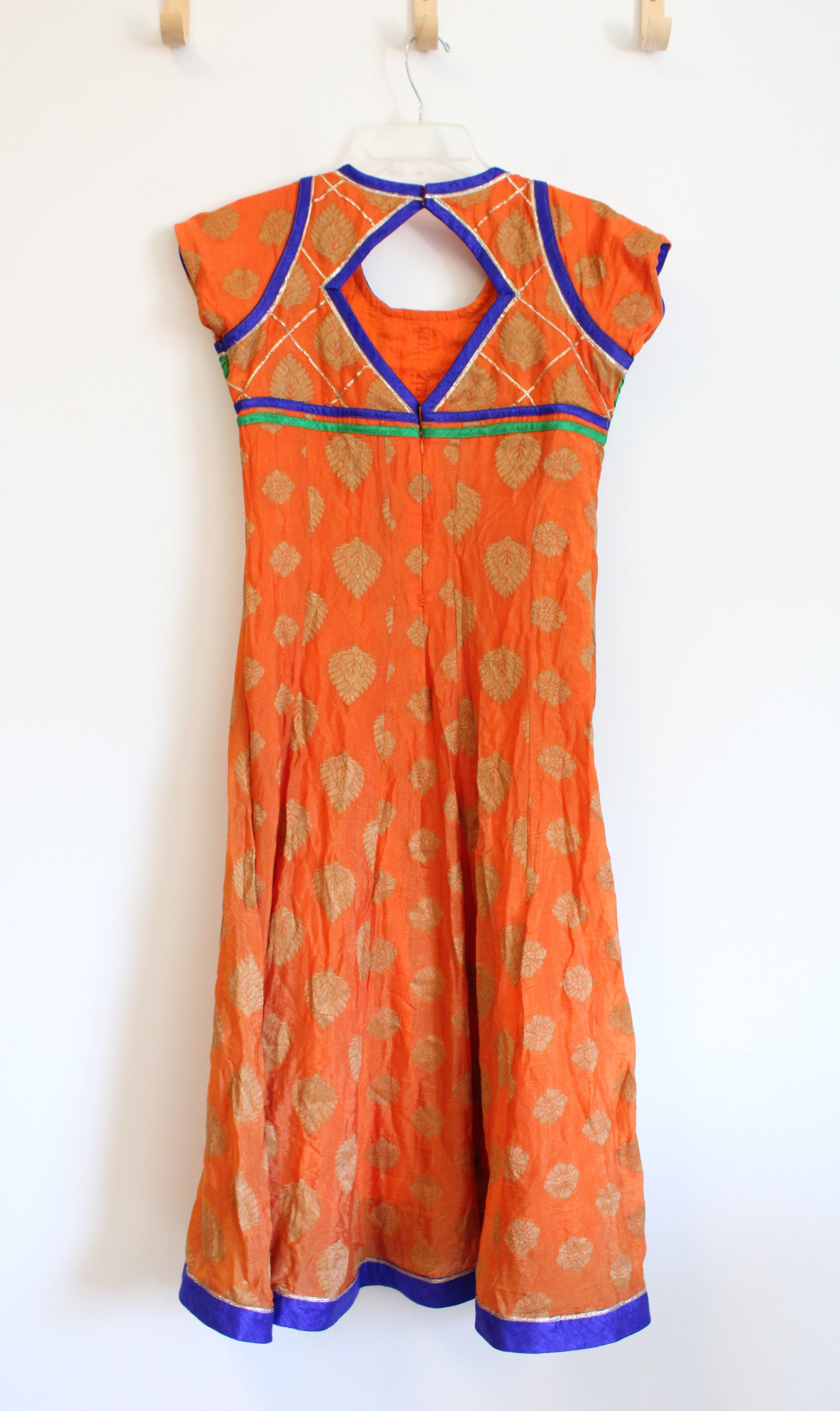 Gold Leaf Patterned Blue & Green Edged Orange Dress