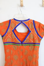 Gold Leaf Patterned Blue & Green Edged Orange Dress