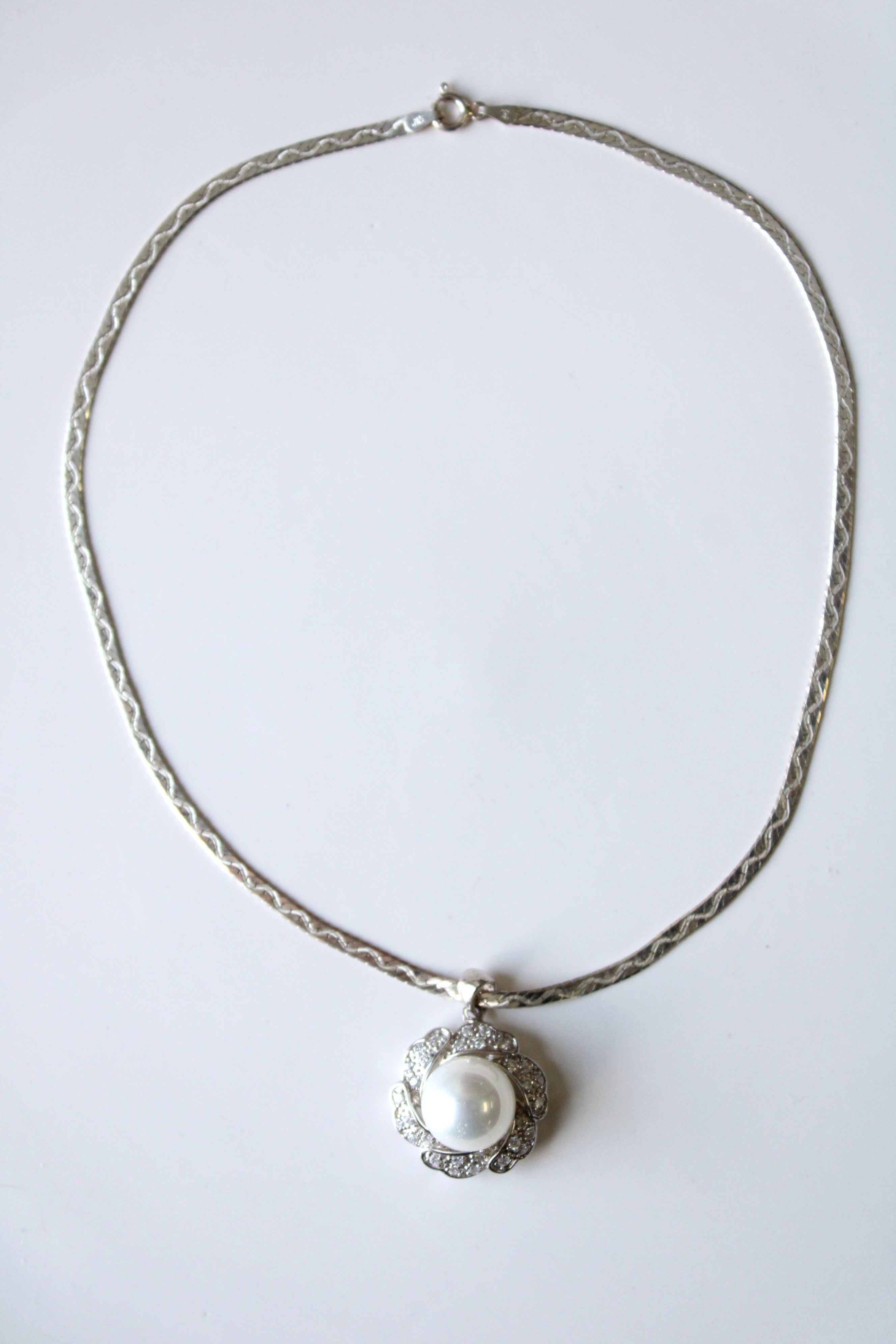 Faux Pearl Pendant Sterling Silver Chain Necklace