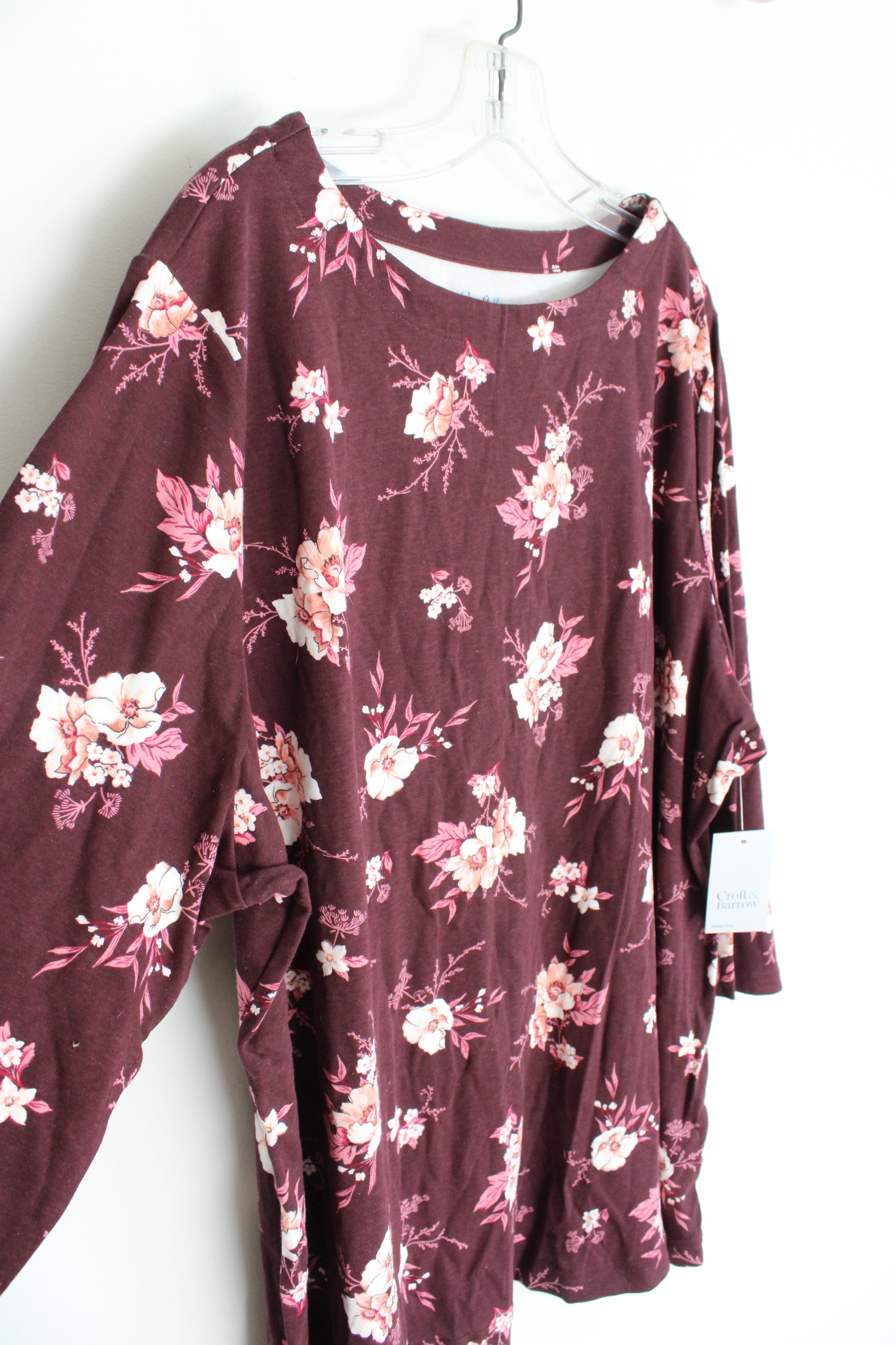 NEW Croft & Barrow Maroon & Pink Floral Long Sleeved Top | 3X