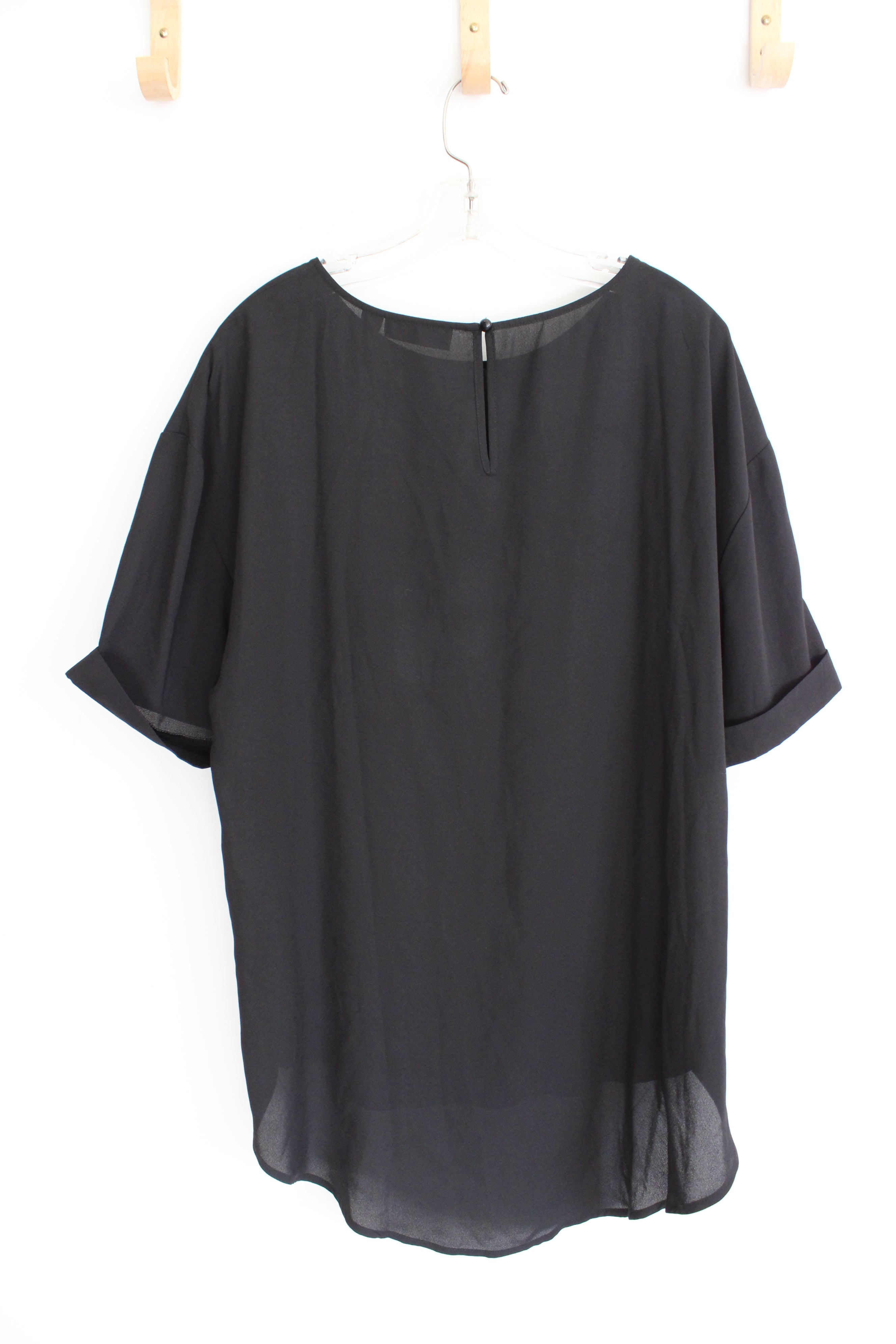 New York & Company Cuffed Sleeve Black Sheer Top | XXL