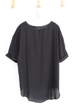 New York & Company Cuffed Sleeve Black Sheer Top | XXL