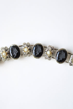 Vintage Greek Black Cameo Silver Bracelet