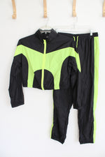 Shein Black & Neon Green Cropped Jacket & Pants Tracksuit Set | L