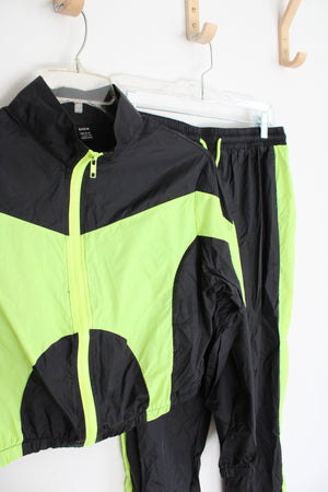 Shein Black & Neon Green Cropped Jacket & Pants Tracksuit Set | L