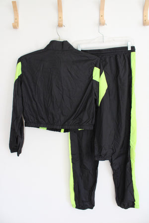 Shein Black & Neon Green Cropped Jacket & Pants Tracksuit Set | L