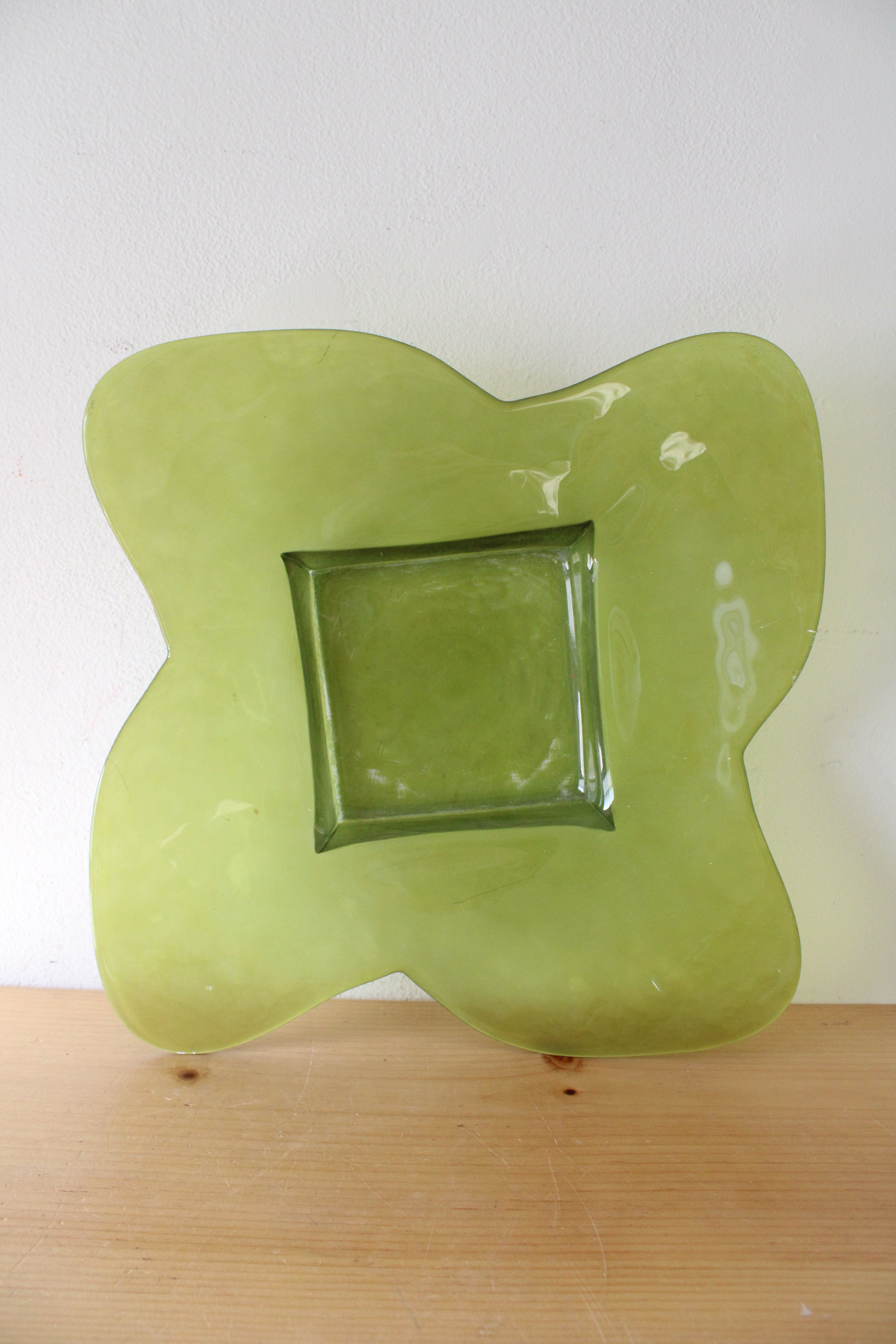 Vintage Green Petal Edged Square Glass Platter