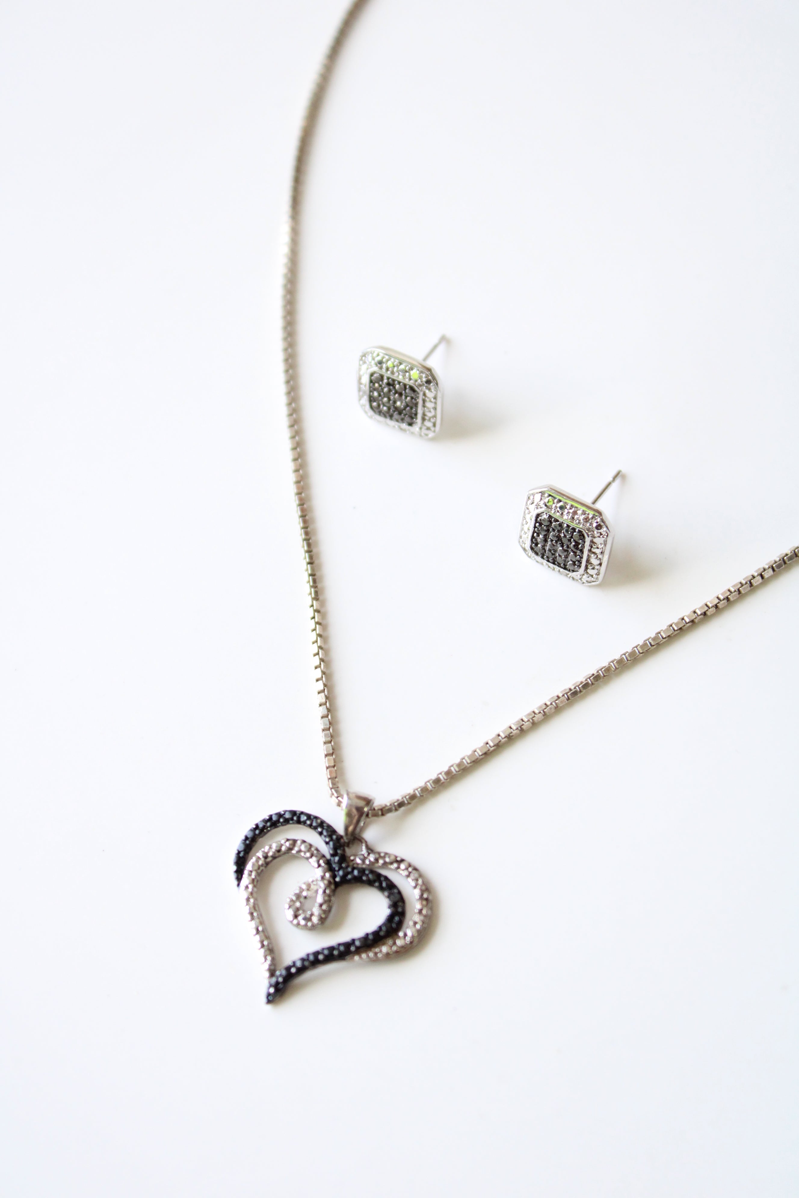 Black & Silver Open Heart Necklace & Square Stud Earring Set