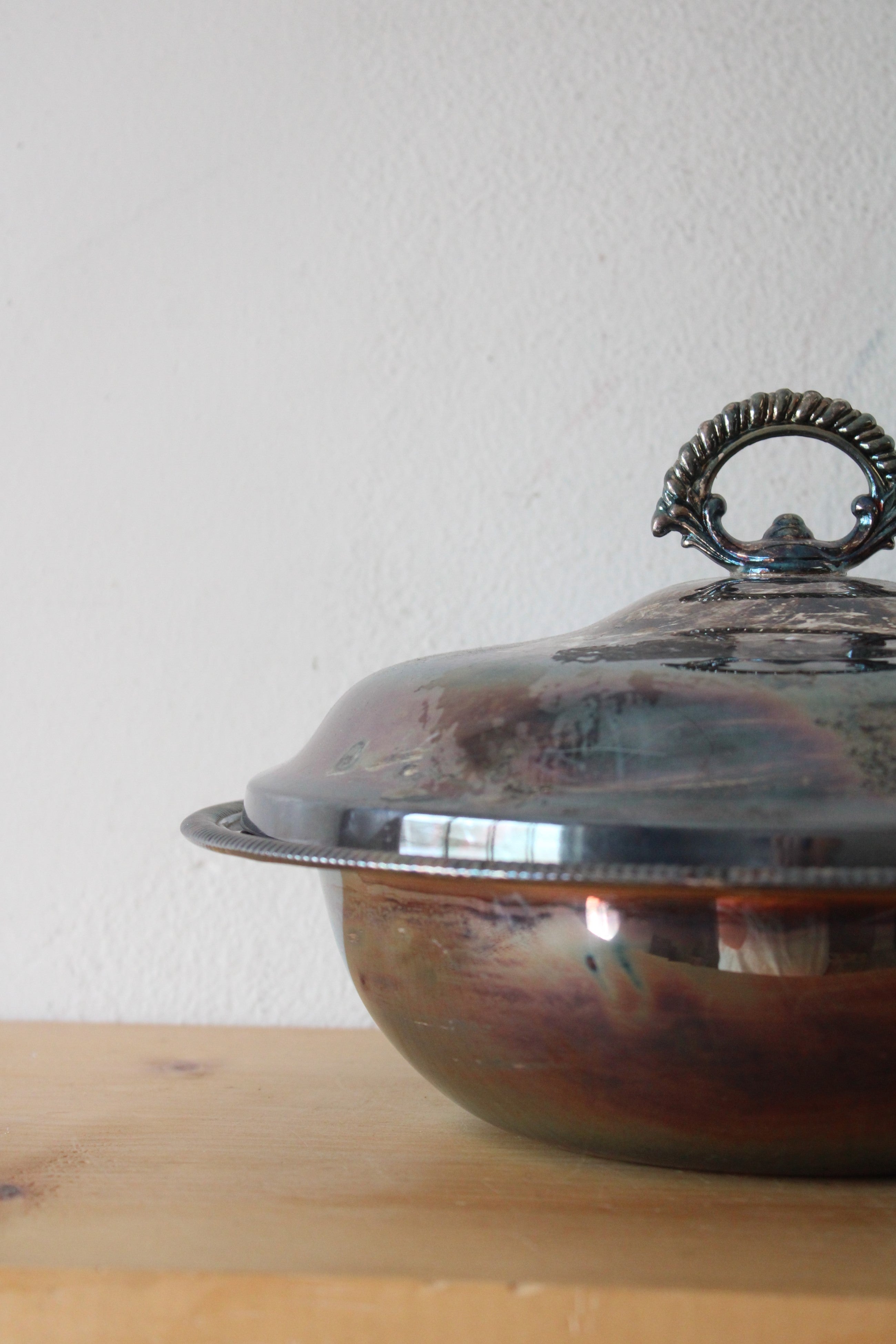 Vintage Silver Covered Warming Dish & Clear Glass Pyrex Baking Dish