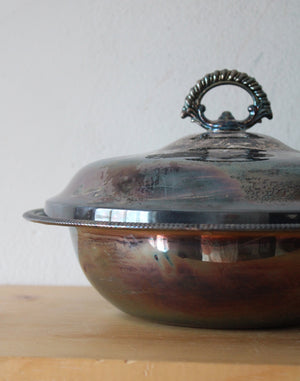 Vintage Silver Covered Warming Dish & Clear Glass Pyrex Baking Dish